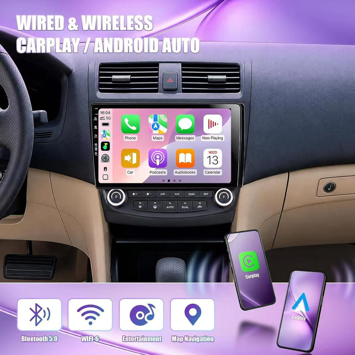 Car Radio for Honda Accord 7th 2003-2007 with Wireless CarPlay Android Auto | 10.2-inch IPS HD Touchscreen, 2+64G Storage, 5G-WiFi6 Airplay FM AM SWC, 1080P Backup Camera